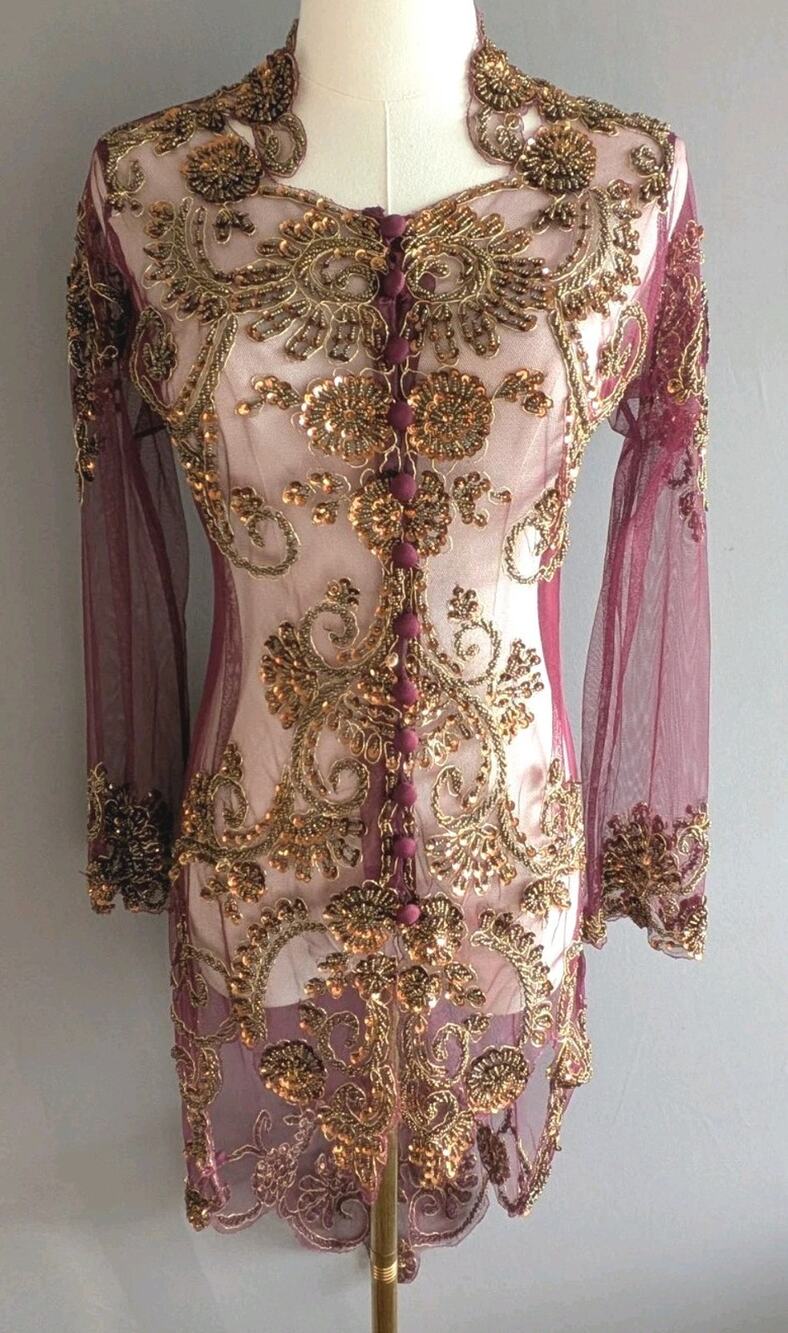 Kebaya Payet Beaded Sequin Sheer Blouse Top Purple Gold Indonesia Wedding M